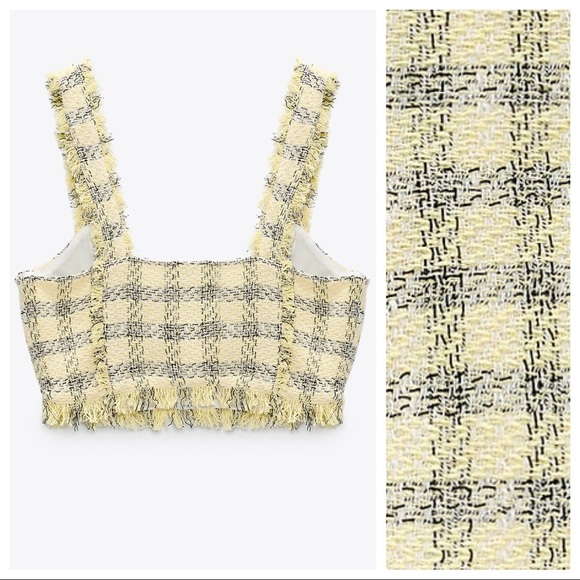 NWT. Zara Yellow Textured Frayed Crop Strappy Top with Buttons. Size M - Picture 6 of 10